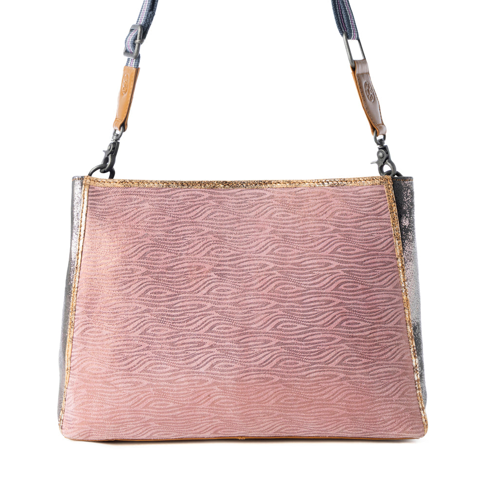 Myra Rosemist Leather Bag for Women in pink with textured detail and shoulder strap
