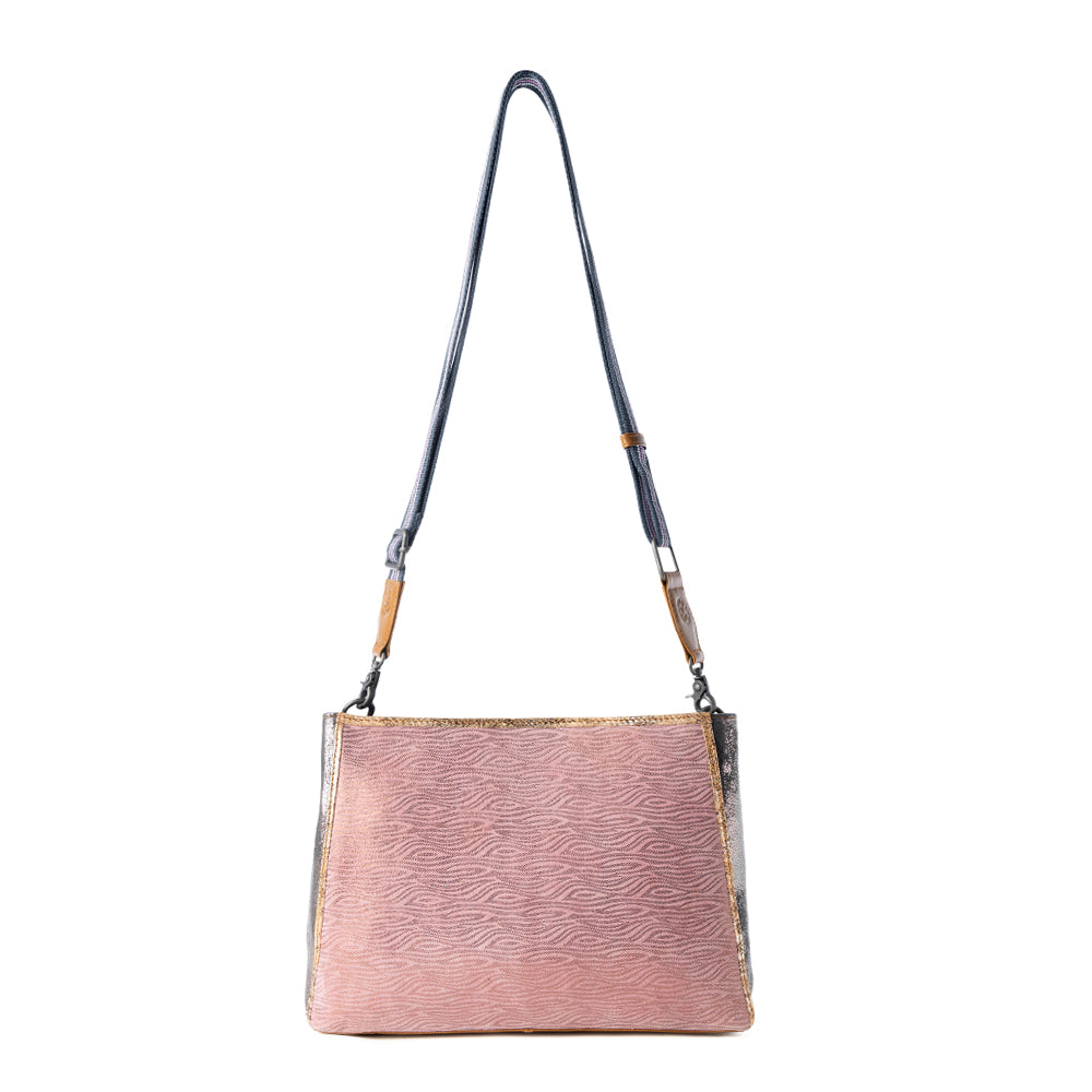 Myra Rosemist Leather Bag for Women in pink with textured detail and shoulder strap