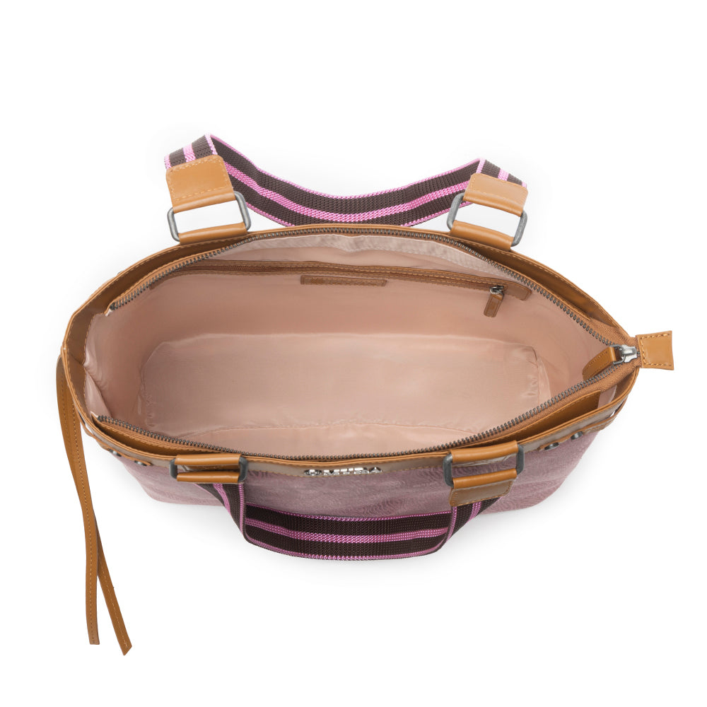 Myra Sweetbriar Leather Tote Bag for Women in pink with textured detail and shoulder strap