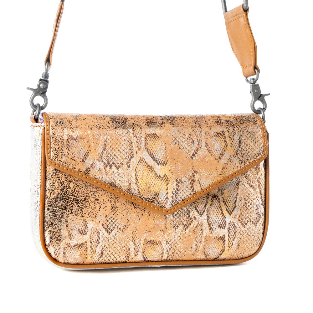 Myra Wild Print Leather Bag for Women in Golden with snake print detail and shoulder strap