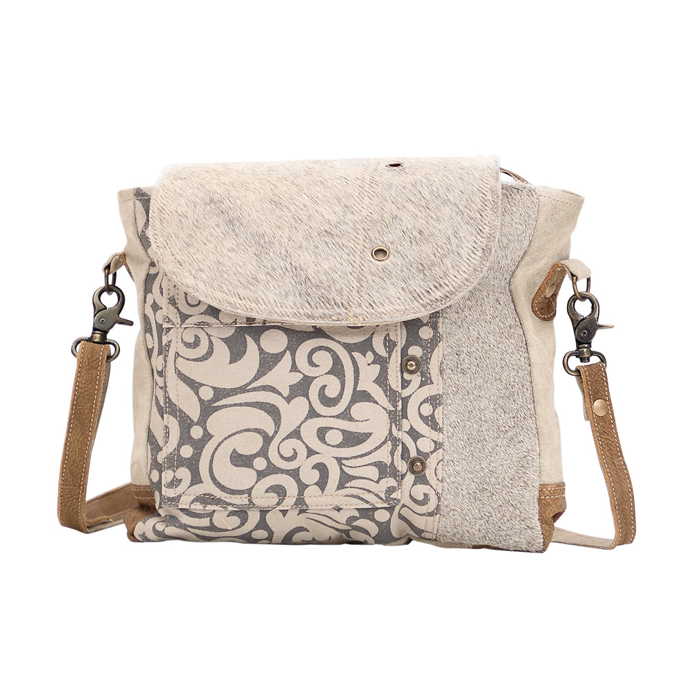 Myra Factual Hairon Leather Messenger Bag â€“ Swirl Canvas, White Hairon Flap, Rustic Straps for Everyday Western Style