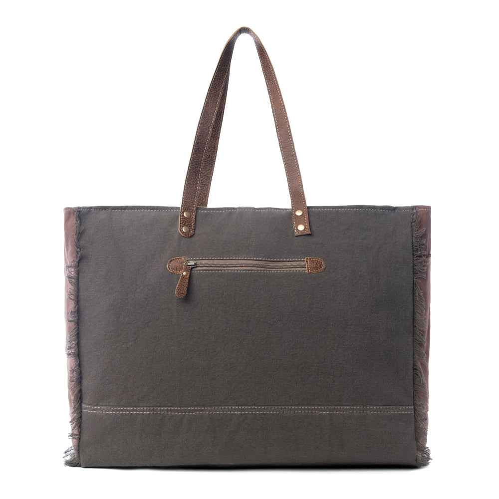Myra Ursinia Weekender Bag for Women with upcycled canvas and genuine leather with hairon hide and floral print