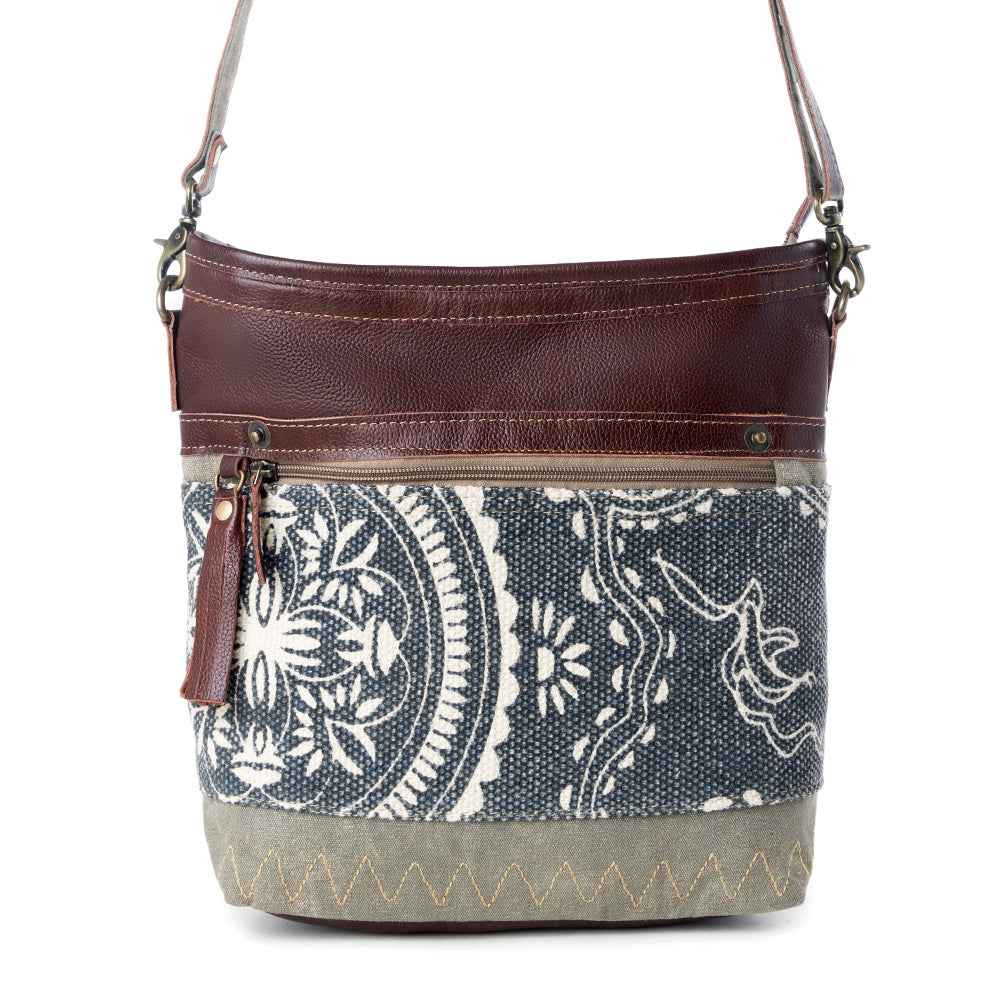 Myra Vogue Shoulder Bag for Women with upcycled canvas and genuine leather with zigzag woven accents
