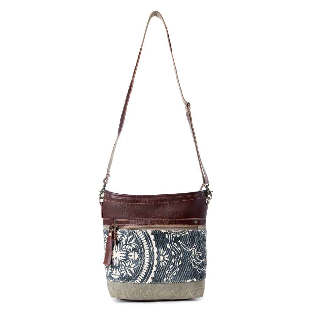 Myra Vogue Shoulder Bag for Women with upcycled canvas and genuine leather with zigzag woven accents