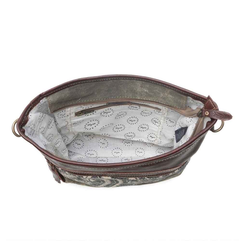 Myra Vogue Shoulder Bag for Women with upcycled canvas and genuine leather with zigzag woven accents