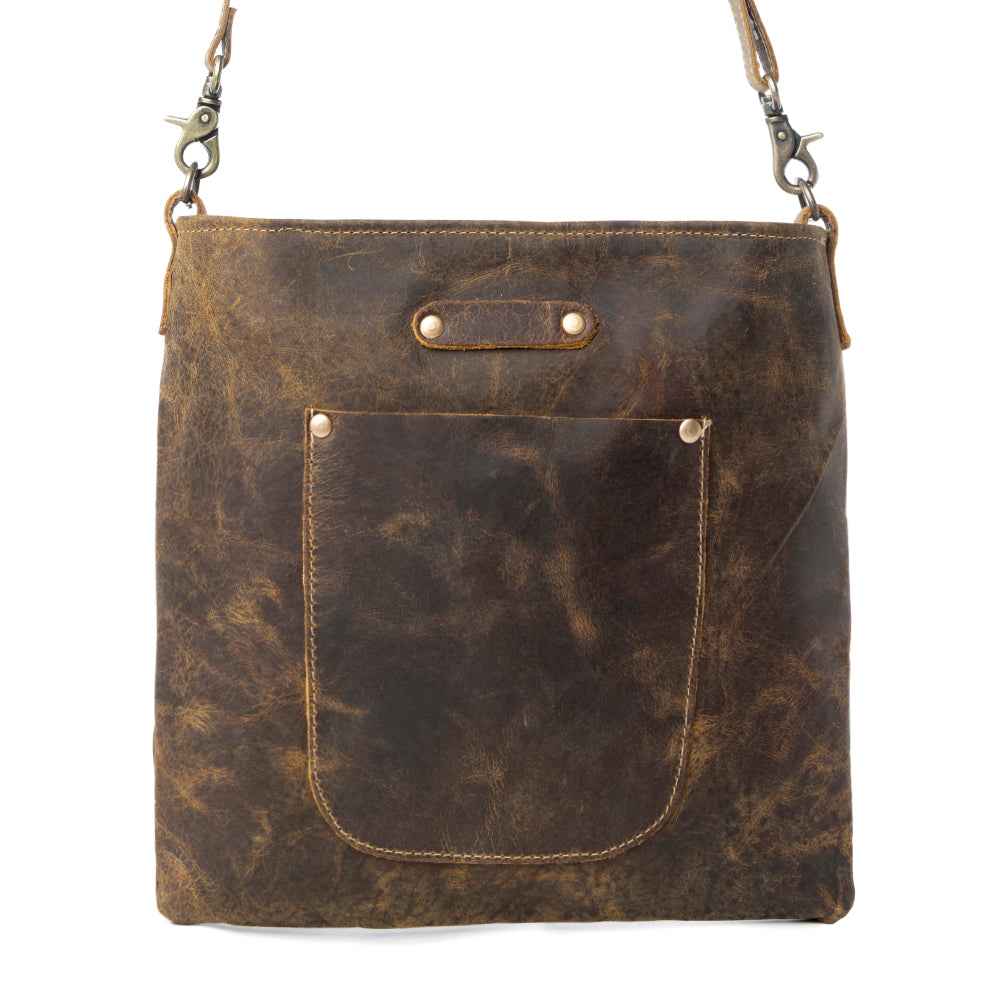 Myra Beast Leather Messenger Bag for women in brown distressed full-grain leather with dront procket