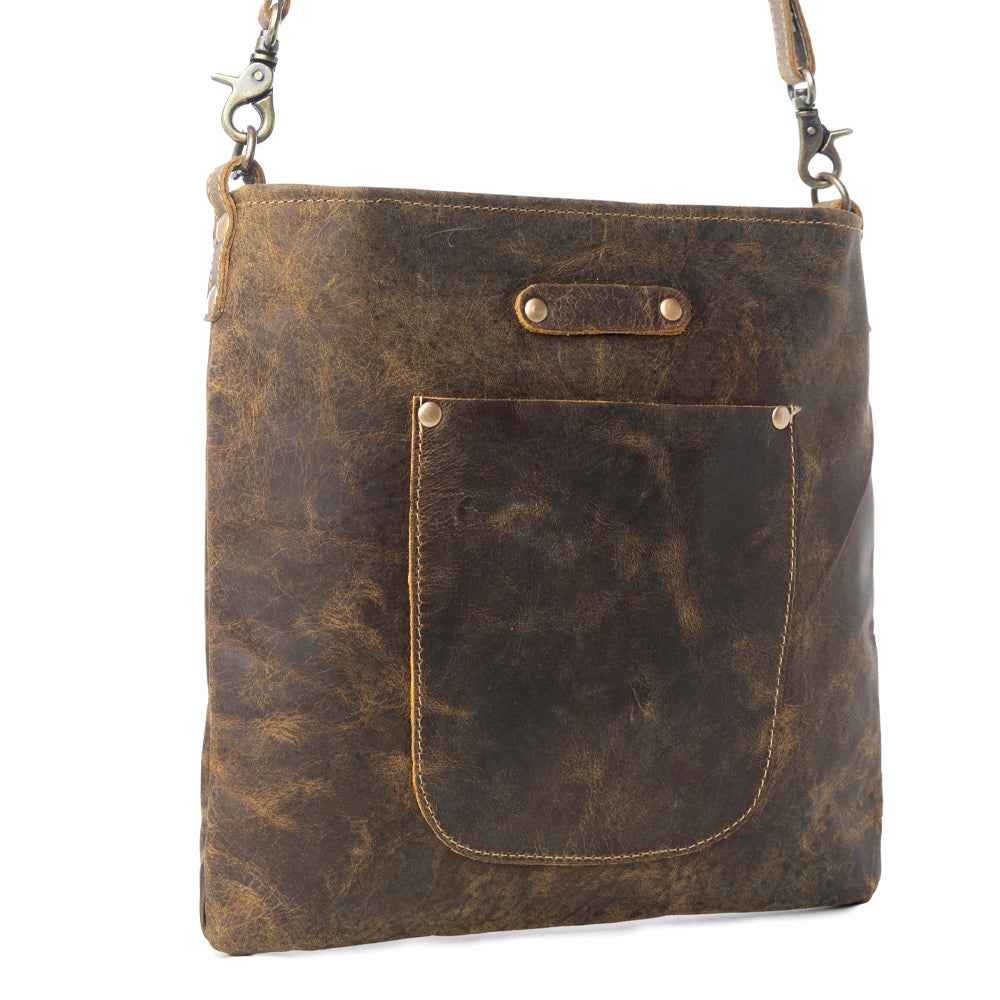 Myra Beast Leather Messenger Bag for women in brown distressed full-grain leather with dront procket