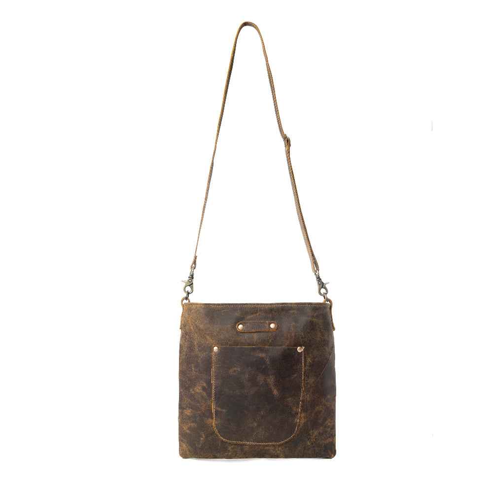 Myra Beast Leather Messenger Bag for women in brown distressed full-grain leather with dront procket