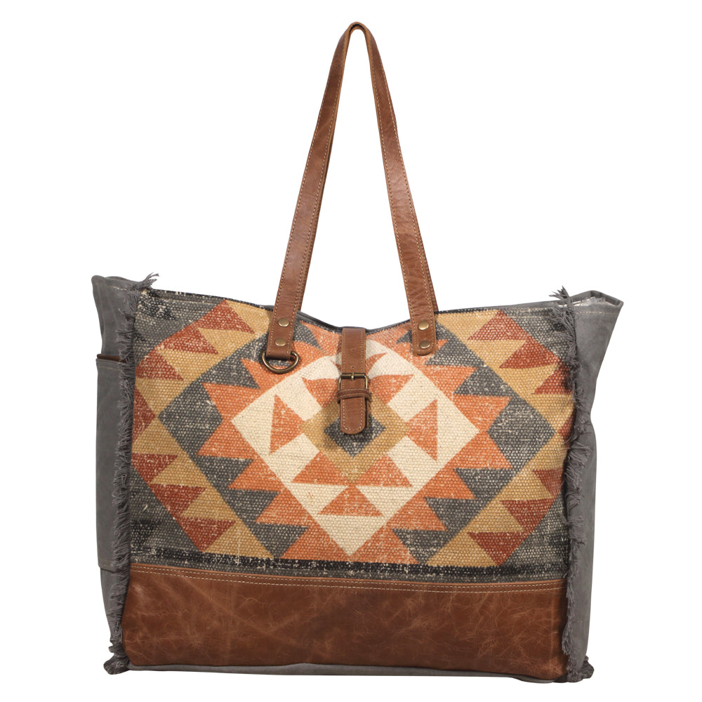 Myra Cosmopolitan Weekender Tote Bag â€“ Fringed Edges, Aztec Print Design with Buckle Flap Closure for Travel