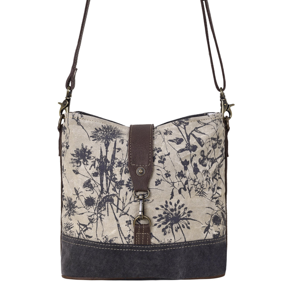 Myra Debonair Shoulder Bag for Women with upcycled canvas  in floral print with adjustable leather straps