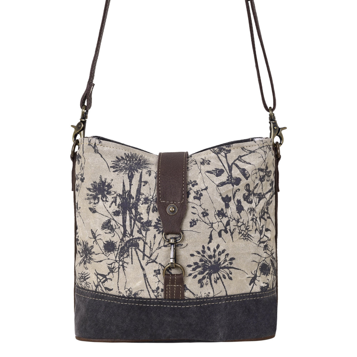 Myra Debonair Shoulder Bag for Women with upcycled canvas  in floral print with adjustable leather straps