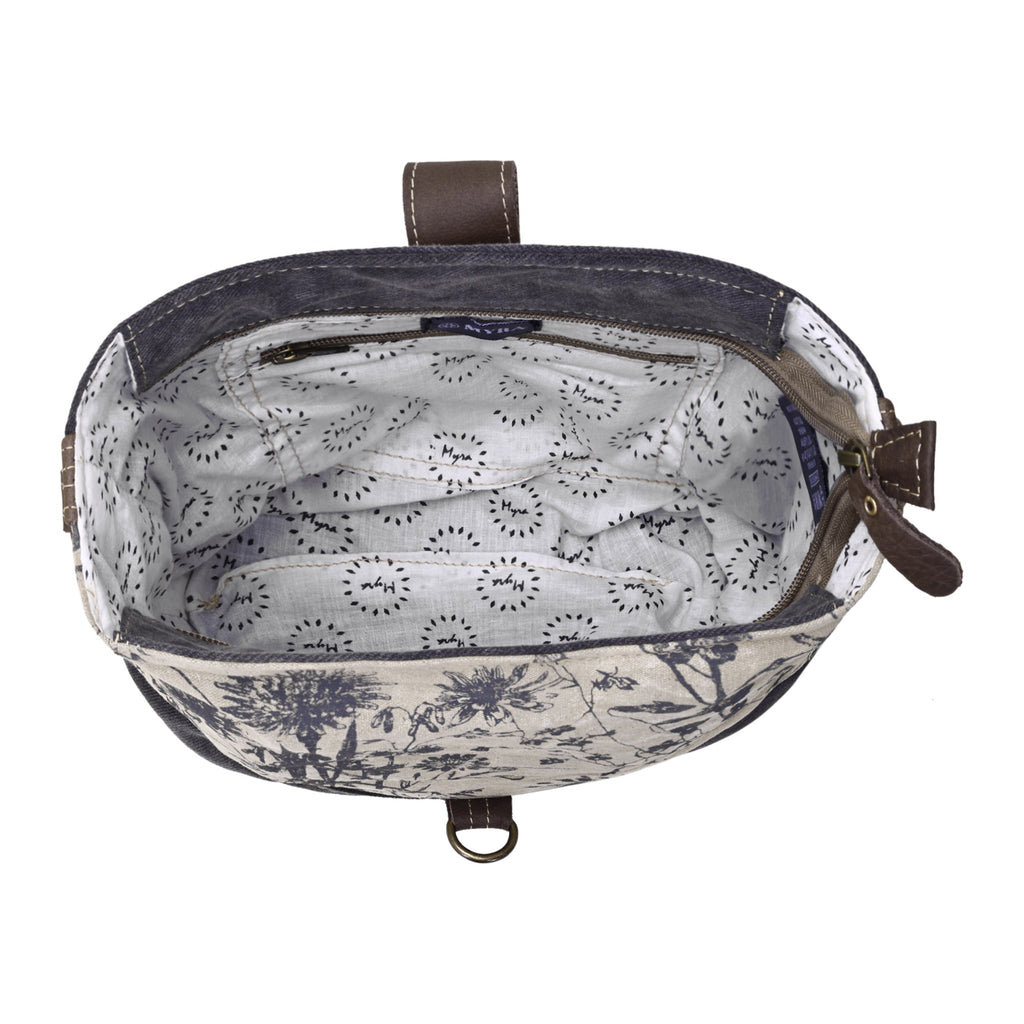 Myra Debonair Shoulder Bag for Women with upcycled canvas  in floral print with adjustable leather straps
