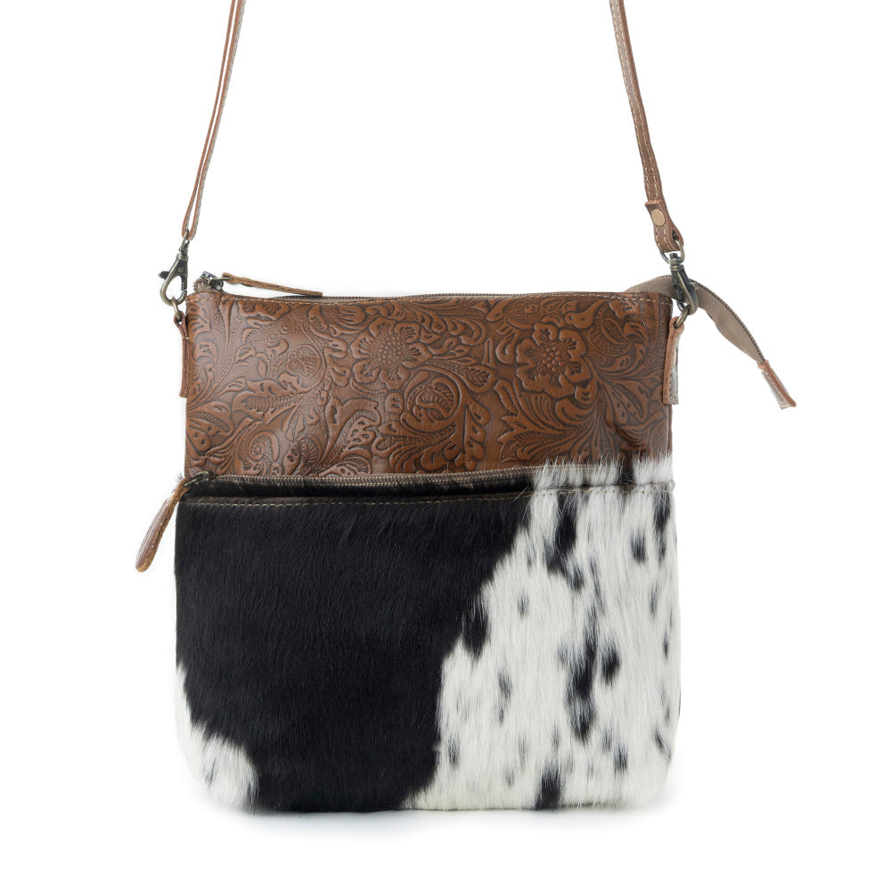 Myra Frontier Trail Embossed Leather Crossbody Bag Western Hairon Purse with Adjustable Leather Strap