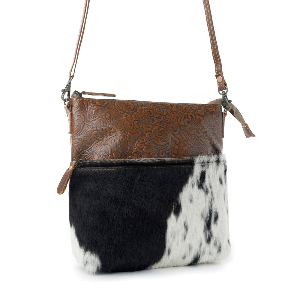 Myra Frontier Trail Embossed Leather Crossbody Bag Western Hairon Purse with Adjustable Leather Strap