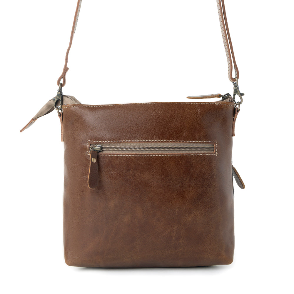 Myra Frontier Trail Embossed Leather Crossbody Bag Western Hairon Purse with Adjustable Leather Strap