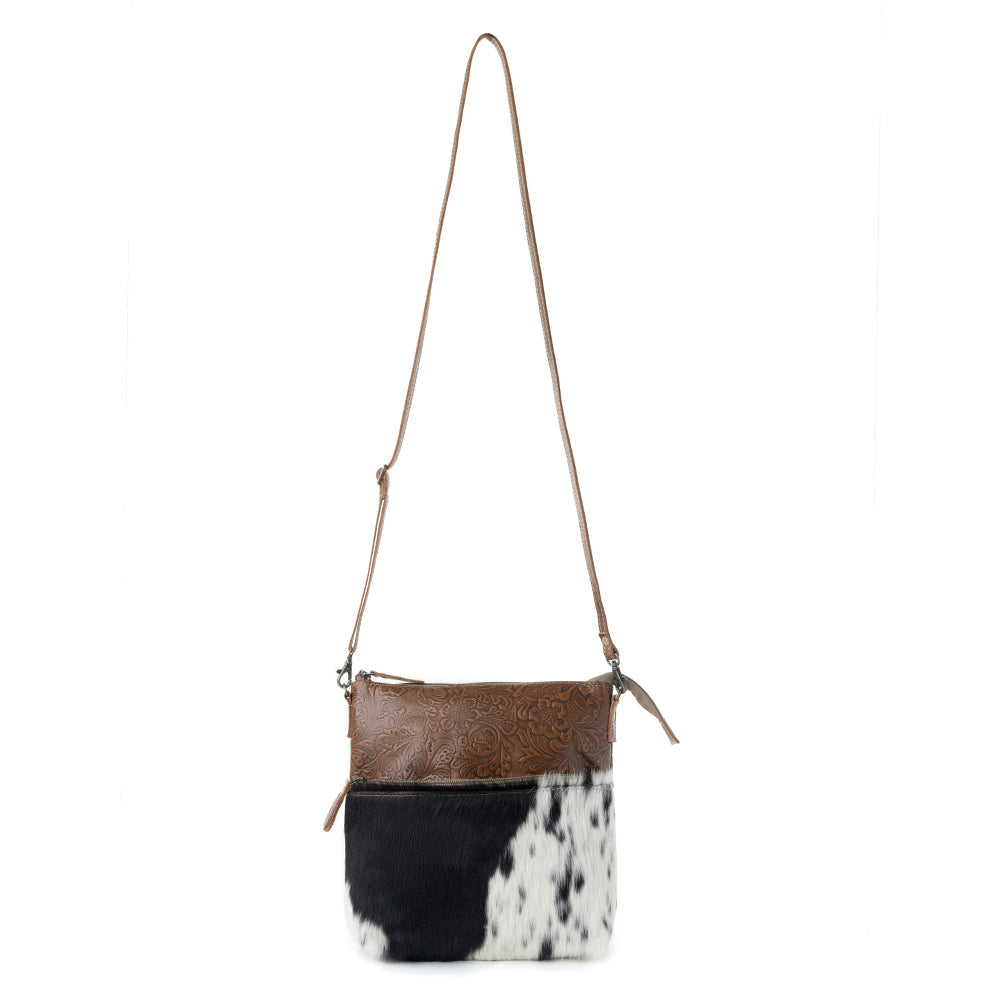 Myra Frontier Trail Embossed Leather Crossbody Bag Western Hairon Purse with Adjustable Leather Strap