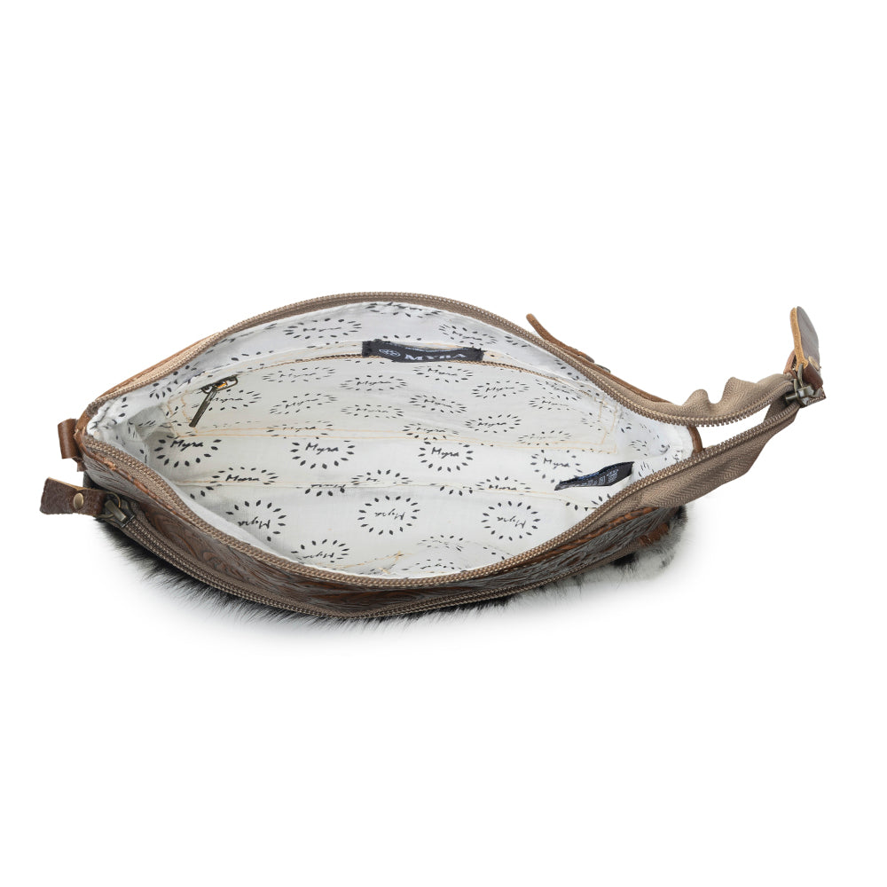 Myra Frontier Trail Embossed Leather Crossbody Bag Western Hairon Purse with Adjustable Leather Strap