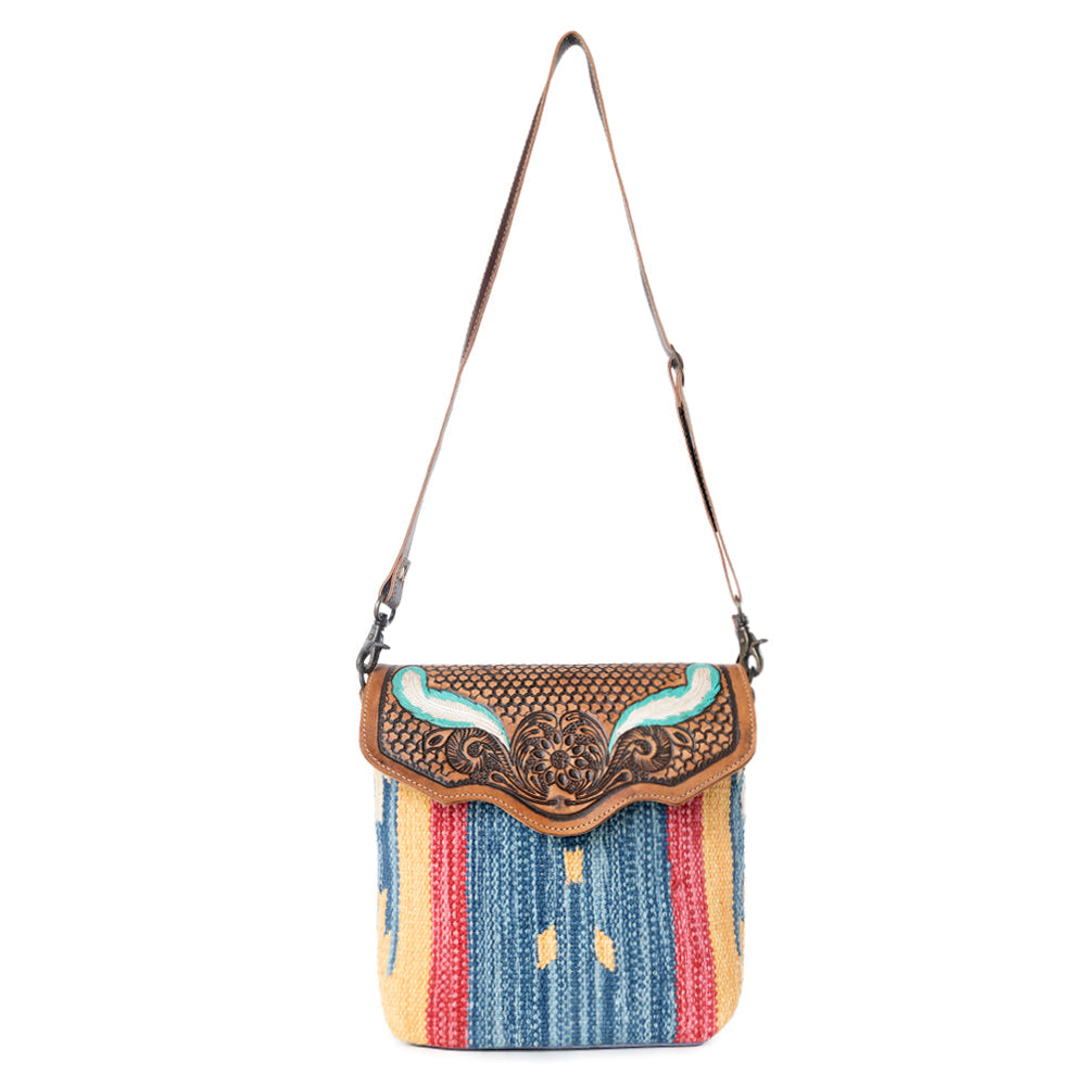 BLUE FEATHER HAND TOOLED BAG