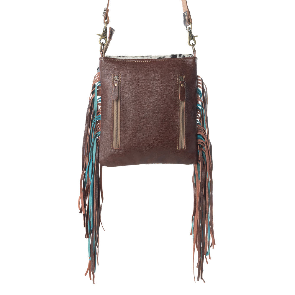 Myra Cobal Blue Concealed Carry Bag in Hair on Leather with embossed turquoise detailing and fringe