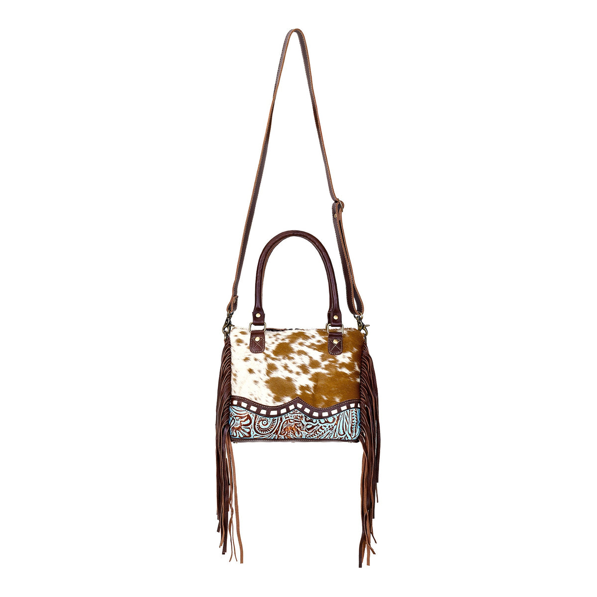 Myra Brown Freckles Concealed Carry Bag Hairon Leather with Fringe Detail and Tooled Trim, Dual Carry Western Tote