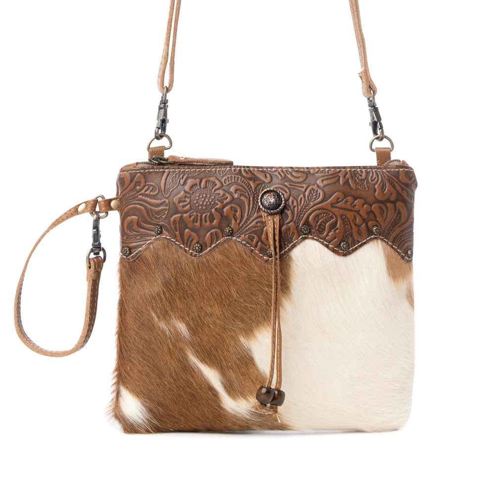 Myra Ornate Hairon Bag for Women with leather and hairon hide in brown and white for everyday use