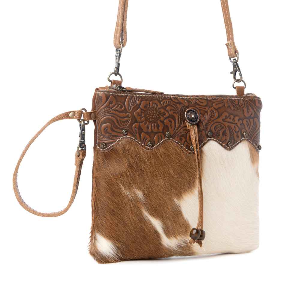 Myra Ornate Hairon Bag for Women with leather and hairon hide in brown and white for everyday use
