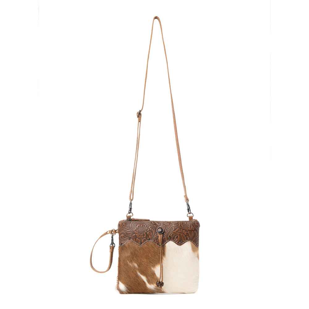 Myra Ornate Hairon Bag for Women with leather and hairon hide in brown and white for everyday use