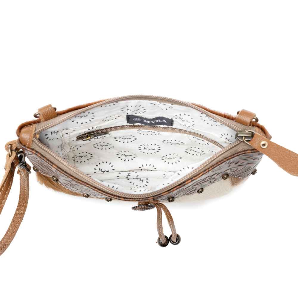 Myra Ornate Hairon Bag for Women with leather and hairon hide in brown and white for everyday use