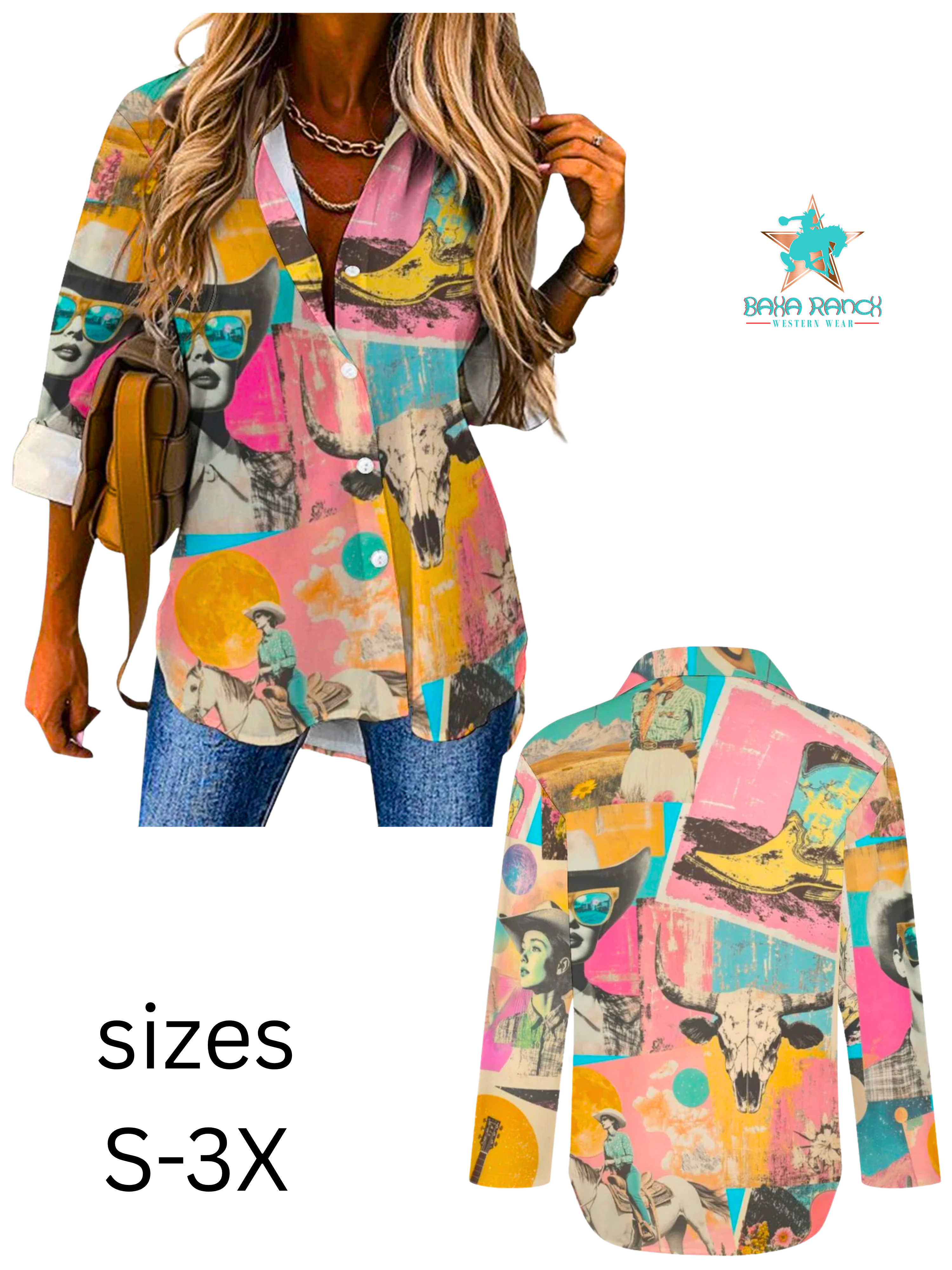 Pop Western Retro Cowgirl Collage Button Up Blouse