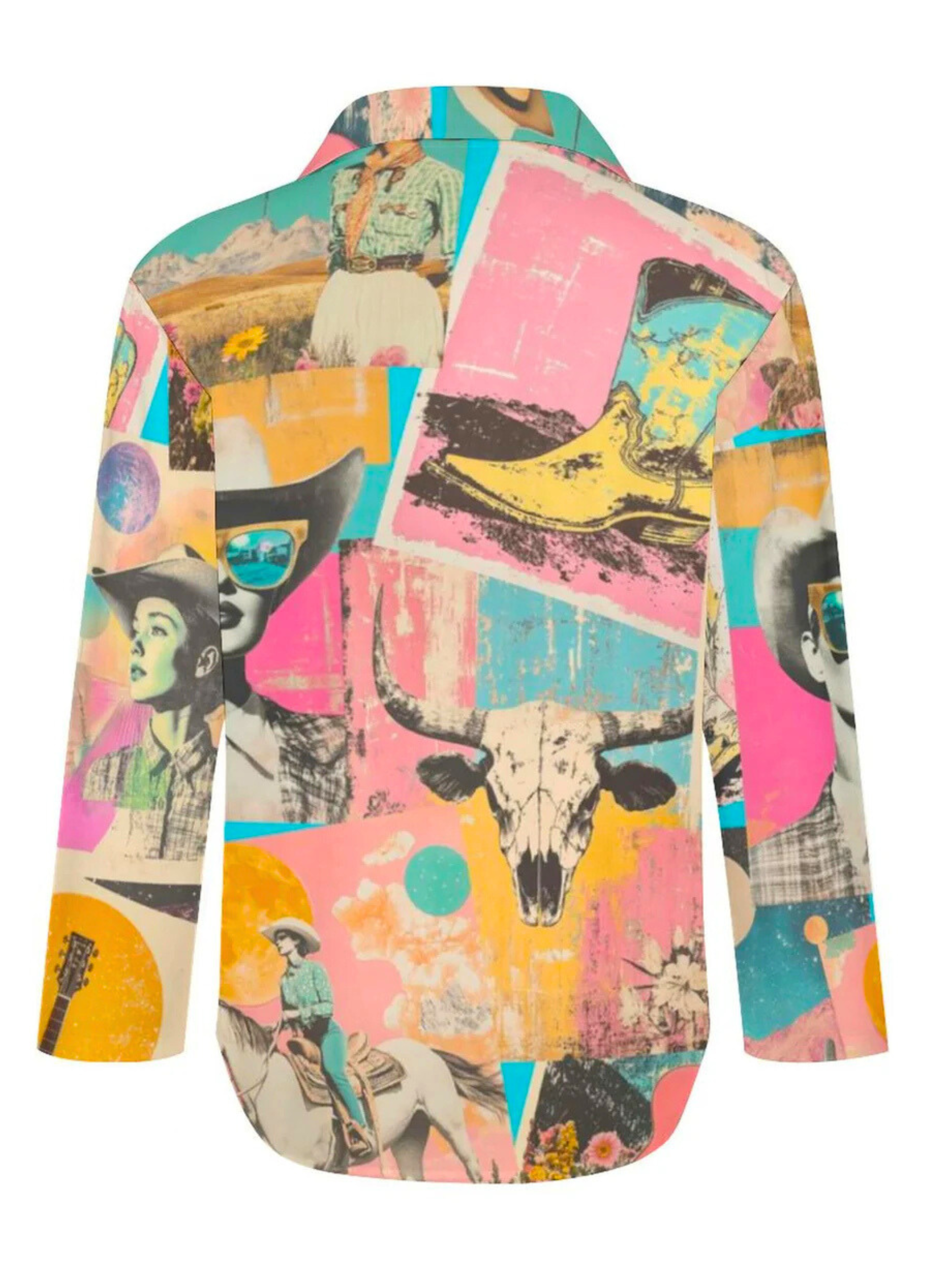 Pop Western Retro Cowgirl Collage Button Up Blouse