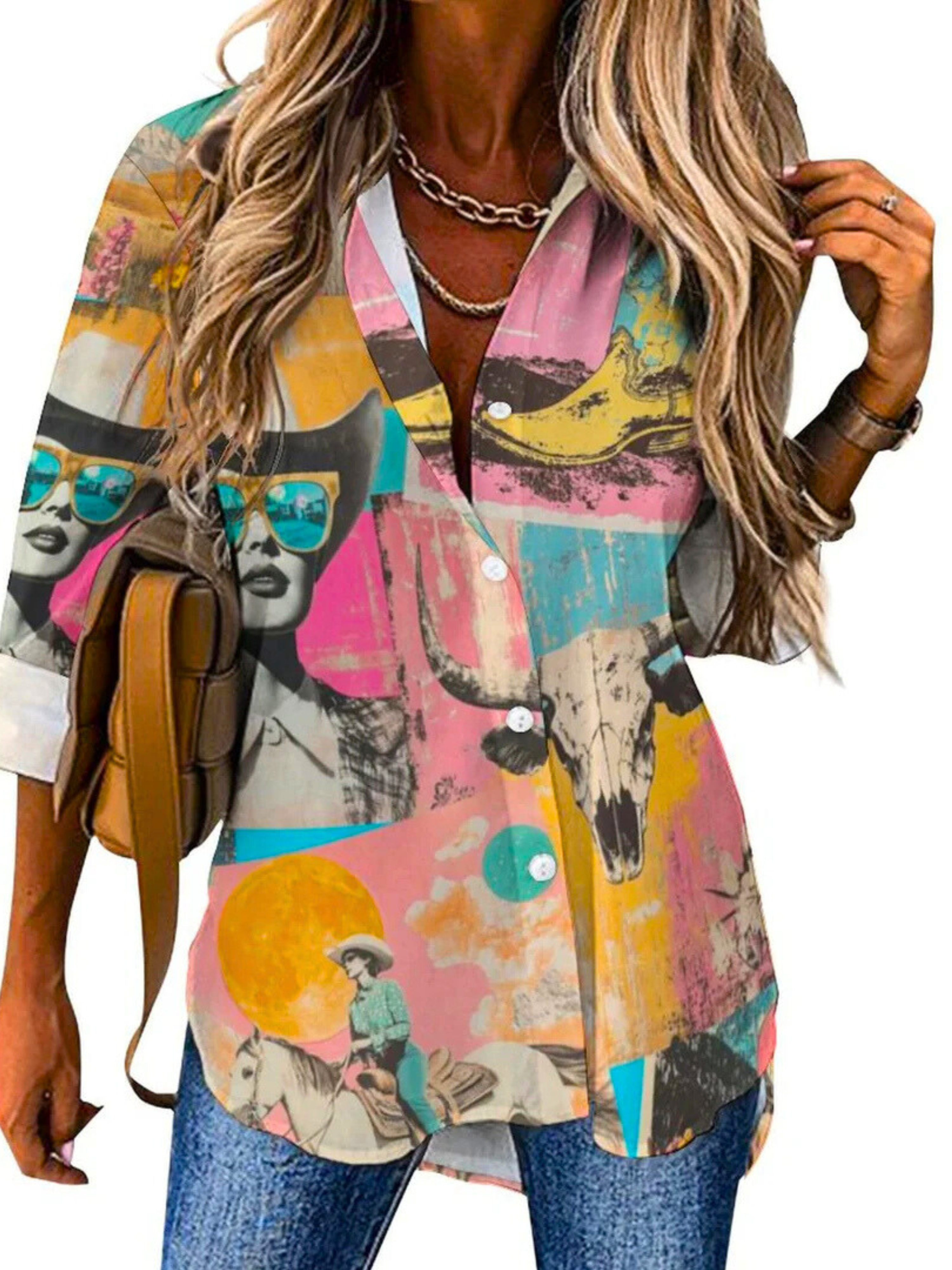 Pop Western Retro Cowgirl Collage Button Up Blouse