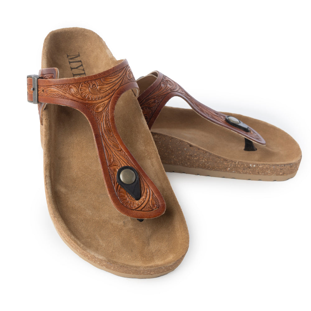 Myra Crockler Sandals for Women with handtooled leather in western style with adjustable straps