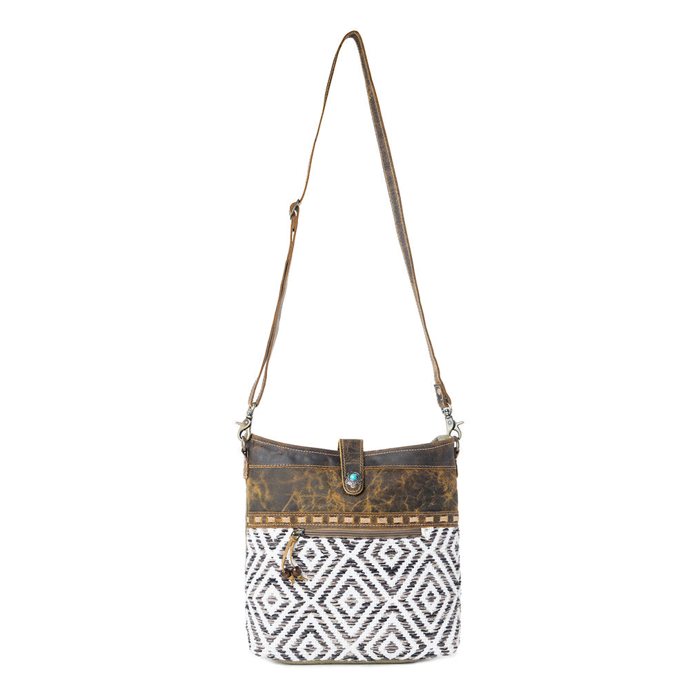 Myra Sand Weaver Shoulder Bag for Women â€“ Rustic Brown Leather, Jacquard Geometric Print, Turquoise Stone Snap for Ranch Chic