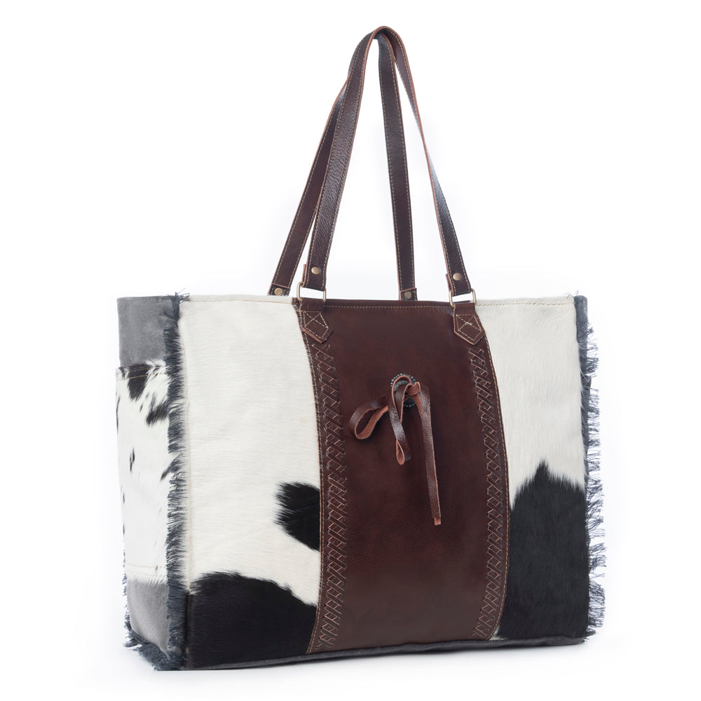 Myra Rosalinda Cross Stitched Hairon Leather Weekender Bag for comfortable travel and spacious usage