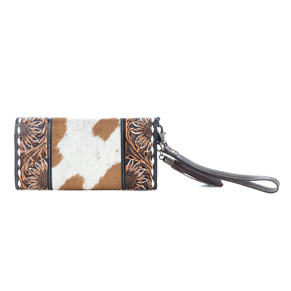 Myra Sandstone Trail Hairon Wristlet Wallet - Handtooled Leather with Western Floral Pattern and Tassel Strap for Easy Use