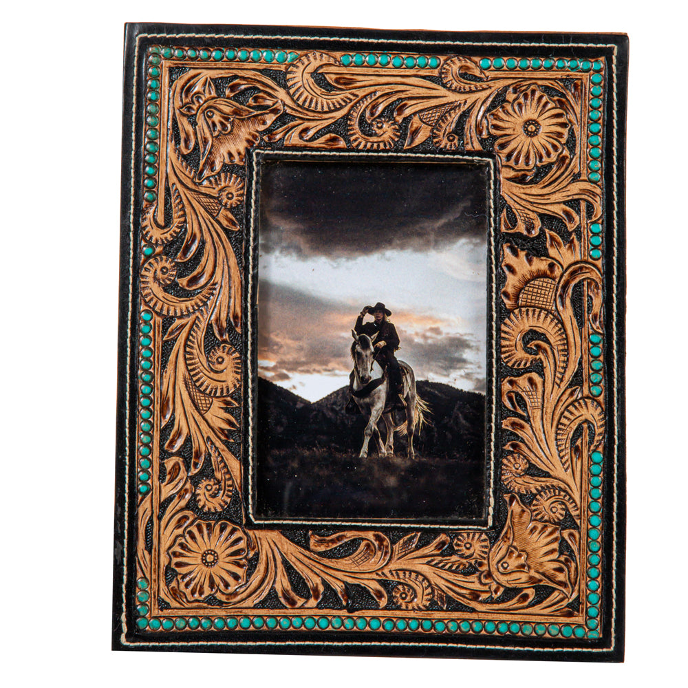 Myra Mesa Plateau Photo Frame with handtooled leather for home decor in western style