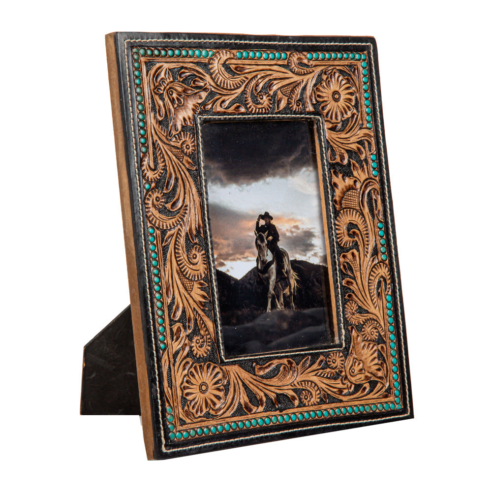 Myra Mesa Plateau Photo Frame with handtooled leather for home decor in western style