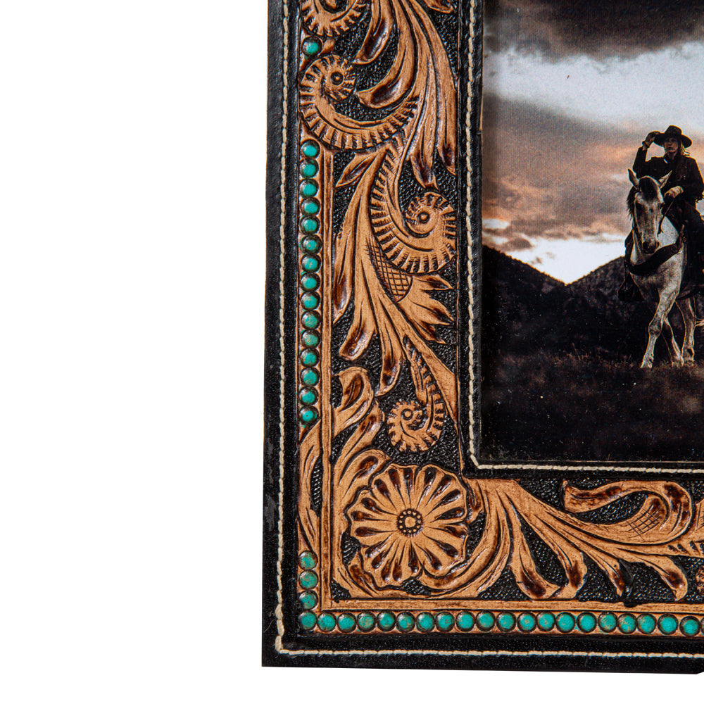 Myra Mesa Plateau Photo Frame with handtooled leather for home decor in western style