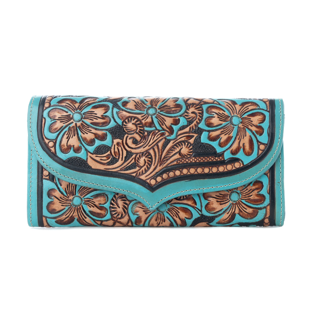 Myra Flower Crest Ridge Wallet with tooled leather and turquoise detail for everyday use