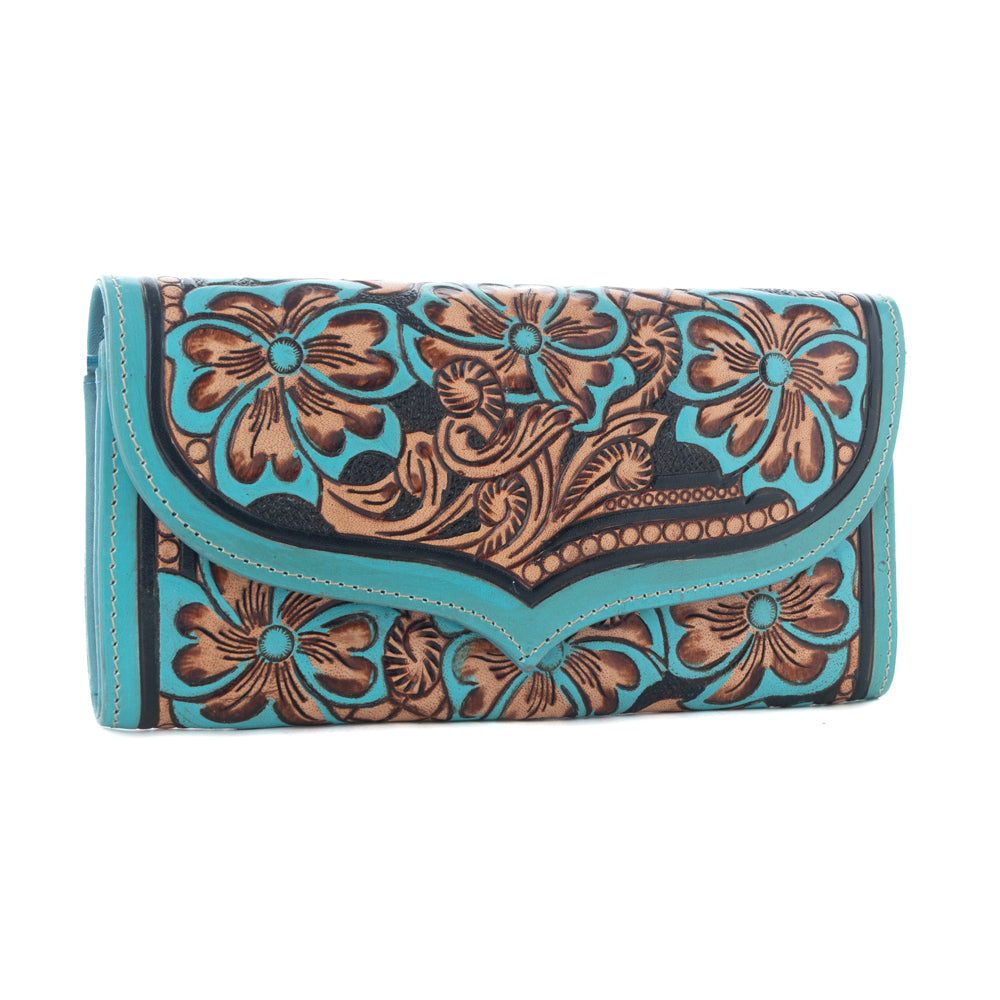Myra Flower Crest Ridge Wallet with tooled leather and turquoise detail for everyday use