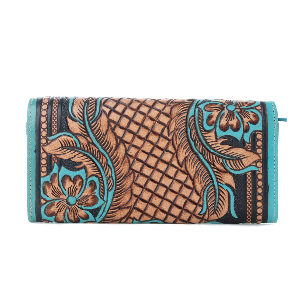 Myra Flower Crest Ridge Wallet with tooled leather and turquoise detail for everyday use