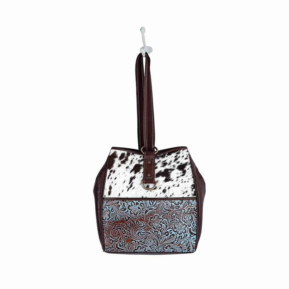 Myra Mountain Trail Convertible Crossbody Bag – Turquoise Embossed Leather & Hairon Panel with Ring Accent