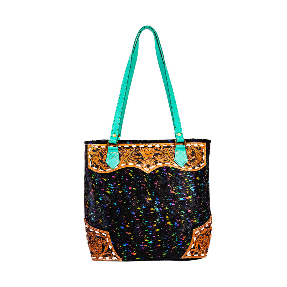 Myra Galaxy Fire Handtooled Shoulder Bag â€“ Black Sparkle Body with Aqua Leather Straps