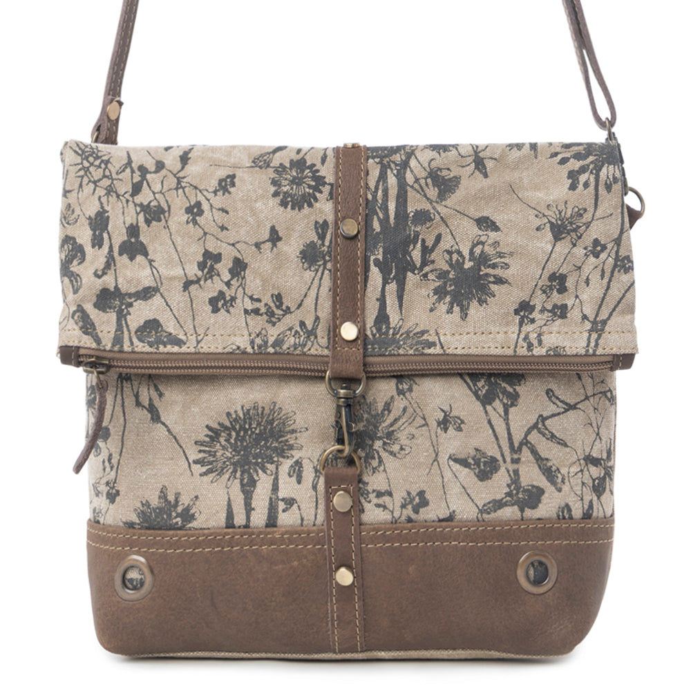 Myra Tazzie Floral Accent Crossbody Bag for Women with genuine leather and cotton in floral print with adjustable strap