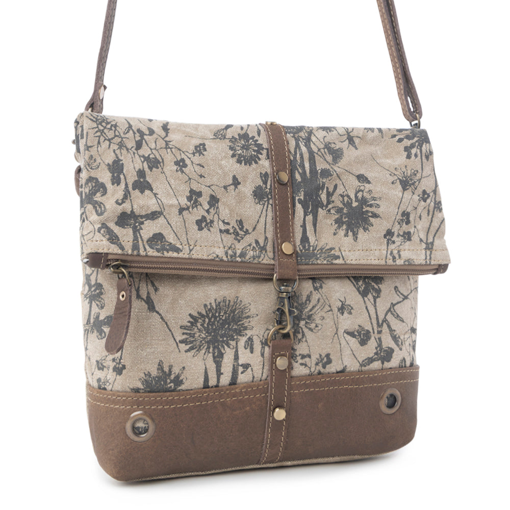 Myra Tazzie Floral Accent Crossbody Bag for Women with genuine leather and cotton in floral print with adjustable strap