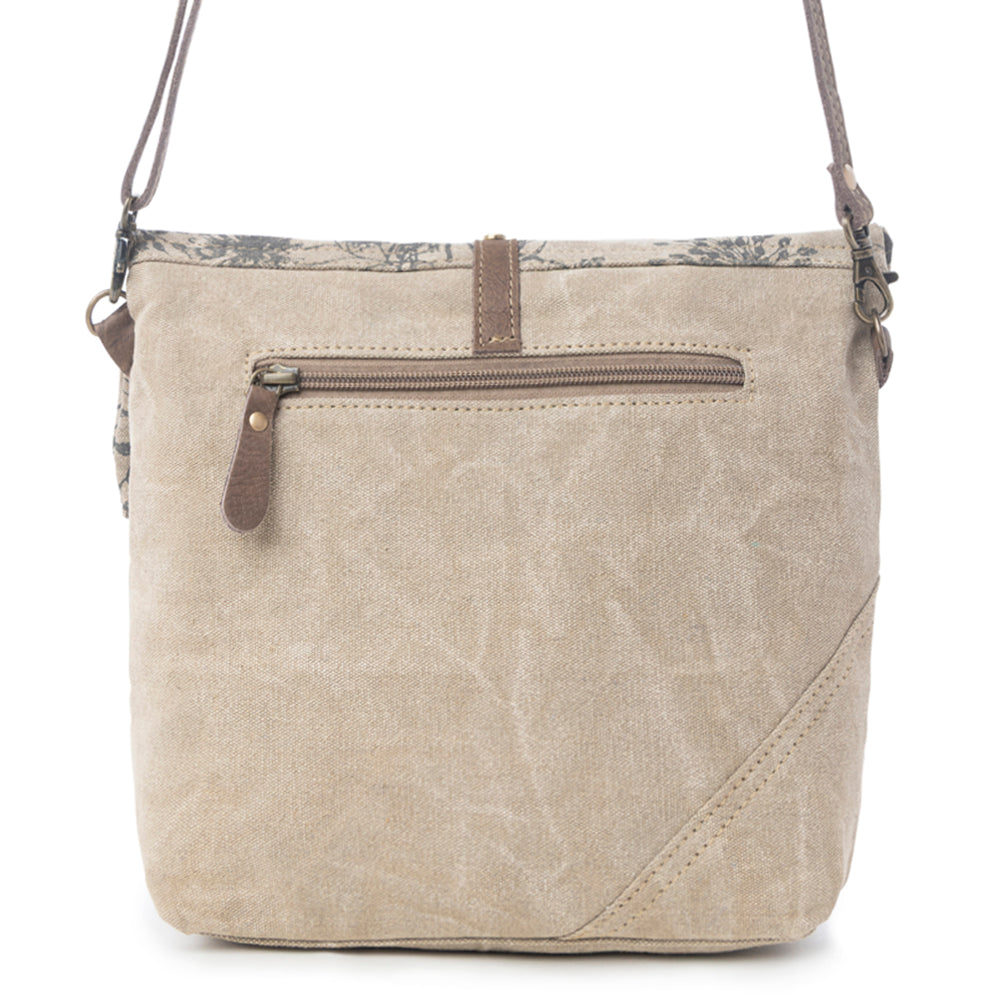 Myra Tazzie Floral Accent Crossbody Bag for Women with genuine leather and cotton in floral print with adjustable strap
