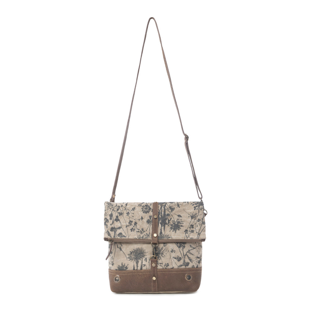 Myra Tazzie Floral Accent Crossbody Bag for Women with genuine leather and cotton in floral print with adjustable strap