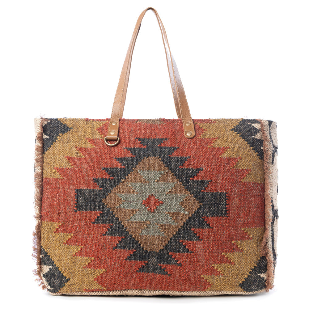 Myra Kaliko Hill Canvas Weekender Bag for Women, handwoven boho print with dual shoulder handles