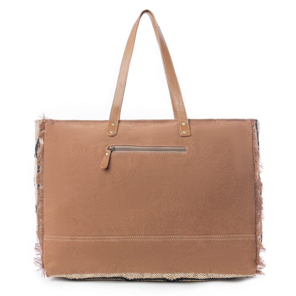Myra Kaliko Hill Canvas Weekender Bag for Women, handwoven boho print with dual shoulder handles