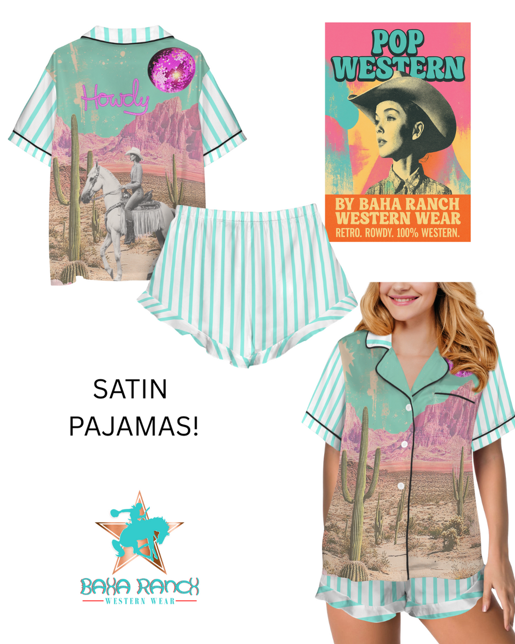 Baha Ranch Retro Pop Western Howdy Desert Cowgirl Satin Pajamas